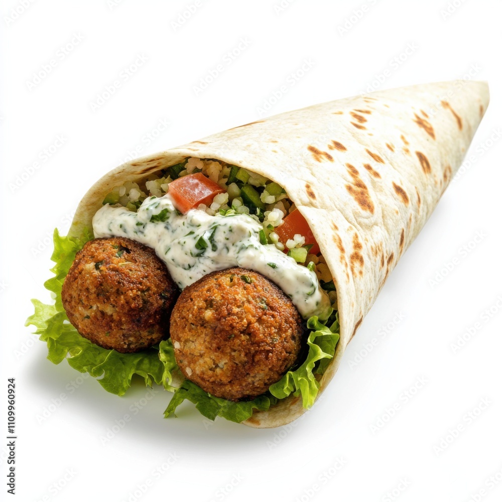 A gourmet falafel wrap with homemade falafel balls, hummus, tabbouleh A gourmet falafel wrap with homemade falafel balls, hummus, tabbouleh