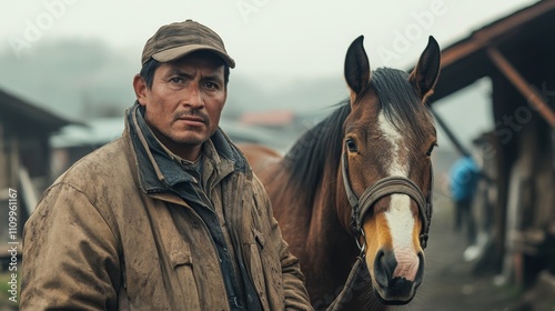 In a small town, a farmer proudly stands next to his horse, showcasing the hardworking and simple rural life, reflecting the bond between humans and animals in a peaceful rural environment.