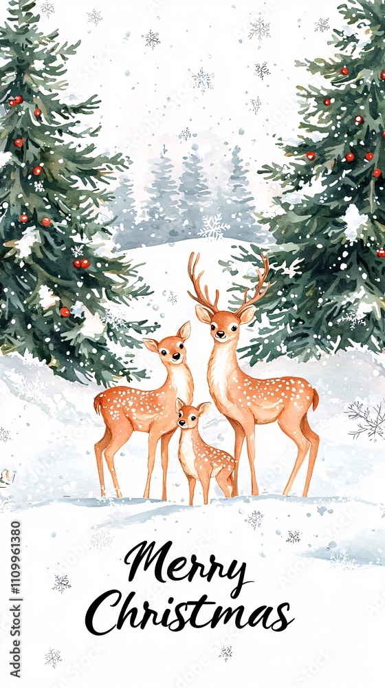 A family of deer in the snow, surrounded by pine trees and falling snowflakes, with 