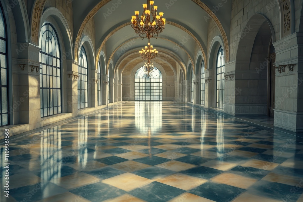 Elegant and Spacious Hallway with Marble Floor, Arched Windows, Chandelier Lighting, and Luxurious Architectural Details in a Grand Interior Setting Elegant and Spacious Hallway with Marble Floor, Arched Windows, Chandelier Lighting, and Luxurious Architectural Details in a Grand Interior Setting