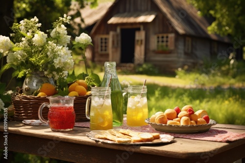 Countryside Picnic: Highlight a classic lemonade or iced tea with a rustic countryside village picnic setting.