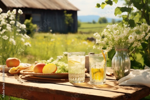 Countryside Picnic: Highlight a classic lemonade or iced tea with a rustic countryside village picnic setting.