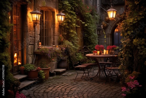 Candlelit Courtyard: Showcase a moody cocktail with the warm glow of candles in a village courtyard.