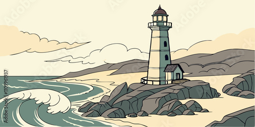 Lighthouse nautical tower on seashore. Sea coast or ocean beach rocks and lighthouse building. Coastline landscape with beacon. Hope symbol, expectation, solitude concept. Vector illustration

