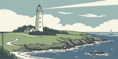 Landscape With lighthouse ocean island vector.
