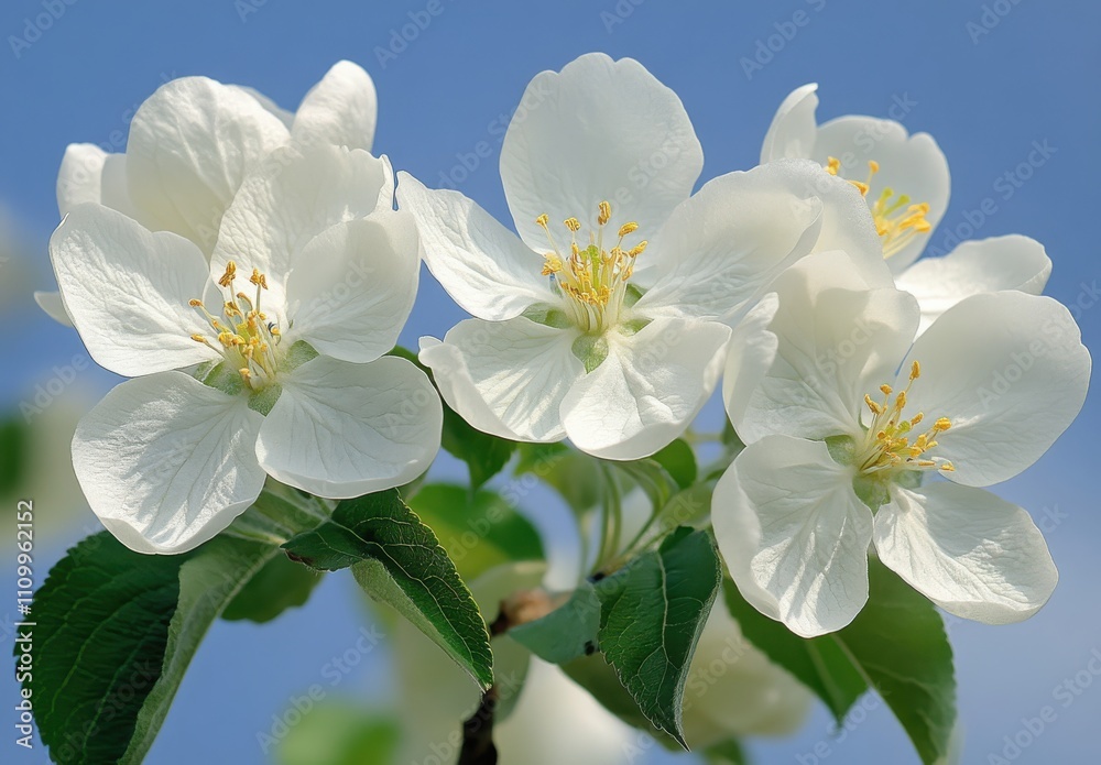 Fototapeta premium Delicate White Apple Blossom Flowers Blooming in Spring Against a Bright Blue Sky with Soft Clouds Creating a Serene and Refreshing Nature Scene