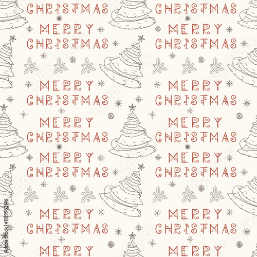 Christmas seamless contour illustration in the style of childrens doodles Festive fir tree and greeting inscription