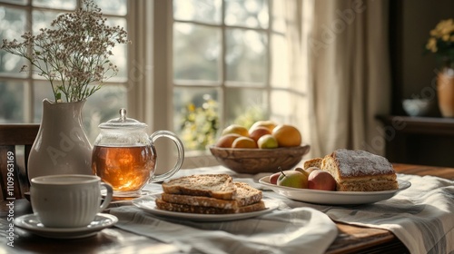 Wallpaper Mural A Simple Breakfast Spread with Tea, Toast, and Fruit Torontodigital.ca