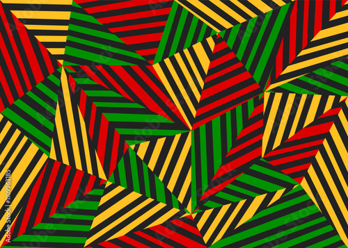 Abstract background with colorful geometric triangle and stripe pattern and with Rastafari color theme