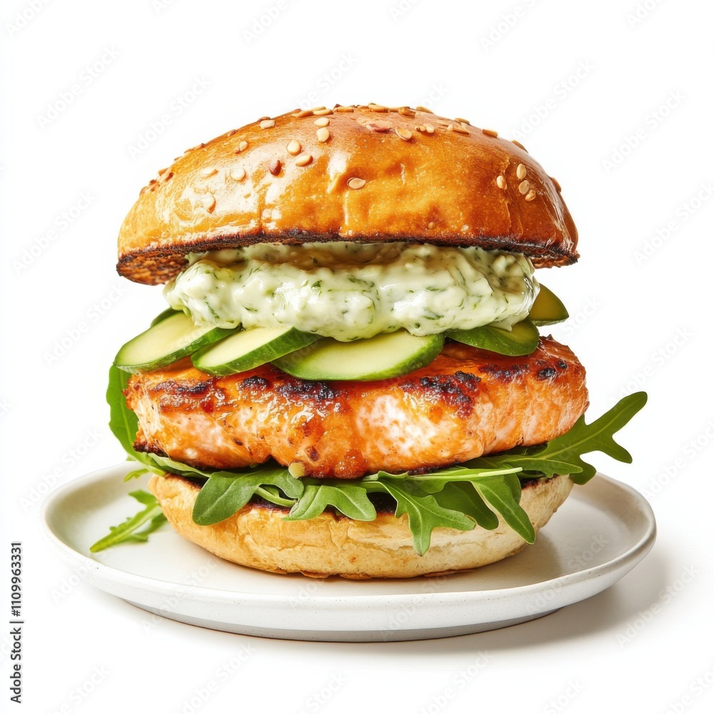 A gourmet salmon burger with avocado aioli and arugula, isolated white background, minimalism art style A gourmet salmon burger with avocado aioli and arugula, isolated white background, minimalism art style