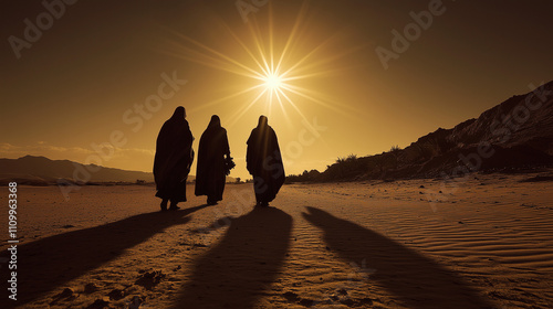 Epiphany, the three Magi walk through the desert with gifts, under the bright star that guides them to Bethlehem, Ai generated images photo