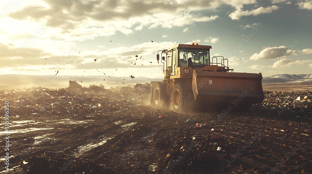 Fototapeta premium Bulldozer compressing garbage at landfill sunset.