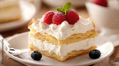 Elegant dessert showcasing fluffy creamy layers and golden pastry in an appetizing arrangement