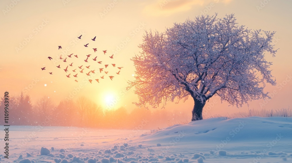 Birds Flying Towards the Setting Sun in a Winter Landscape Birds Flying Towards the Setting Sun in a Winter Landscape