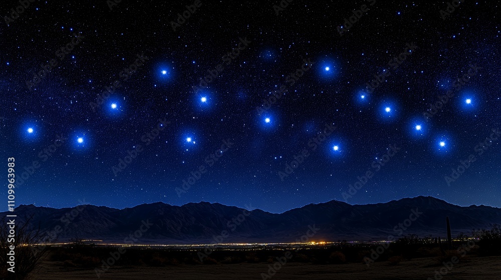 Fototapeta premium A beautiful night sky with stars shining brightly over a distant mountain range and city lights.