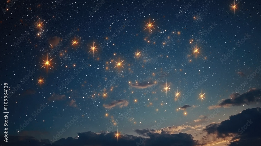 Ethereal scene of golden stars forming zodiac constellations in the vastness of a midnight-blue, star-filled sky. Ethereal scene of golden stars forming zodiac constellations in the vastness of a midnight-blue, star-filled sky.