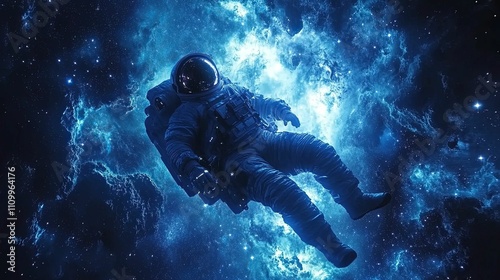 Astronaut Floating Through Cosmic Nebula In Space photo