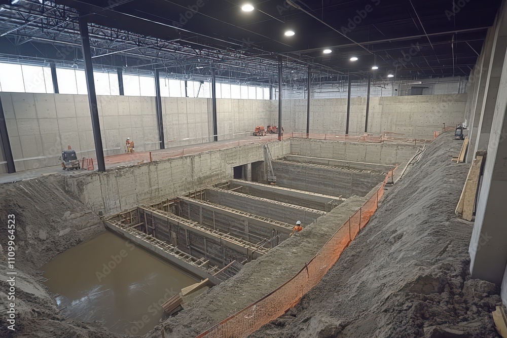 Obraz premium Large-scale construction site with concrete forms and workers. Illustrates industrial building project, showcasing groundwork and early stages.