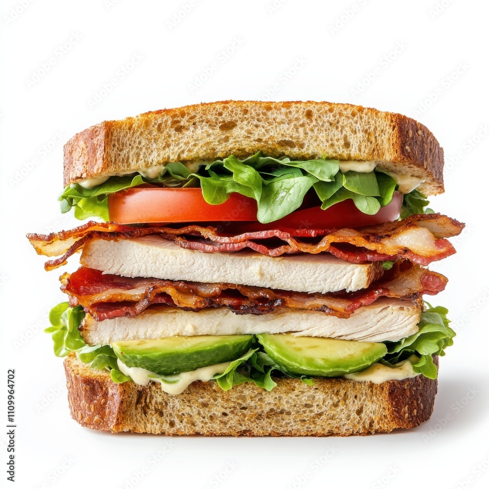 A gourmet turkey avocado club sandwich with bacon, lettuce, tomato A gourmet turkey avocado club sandwich with bacon, lettuce, tomato
