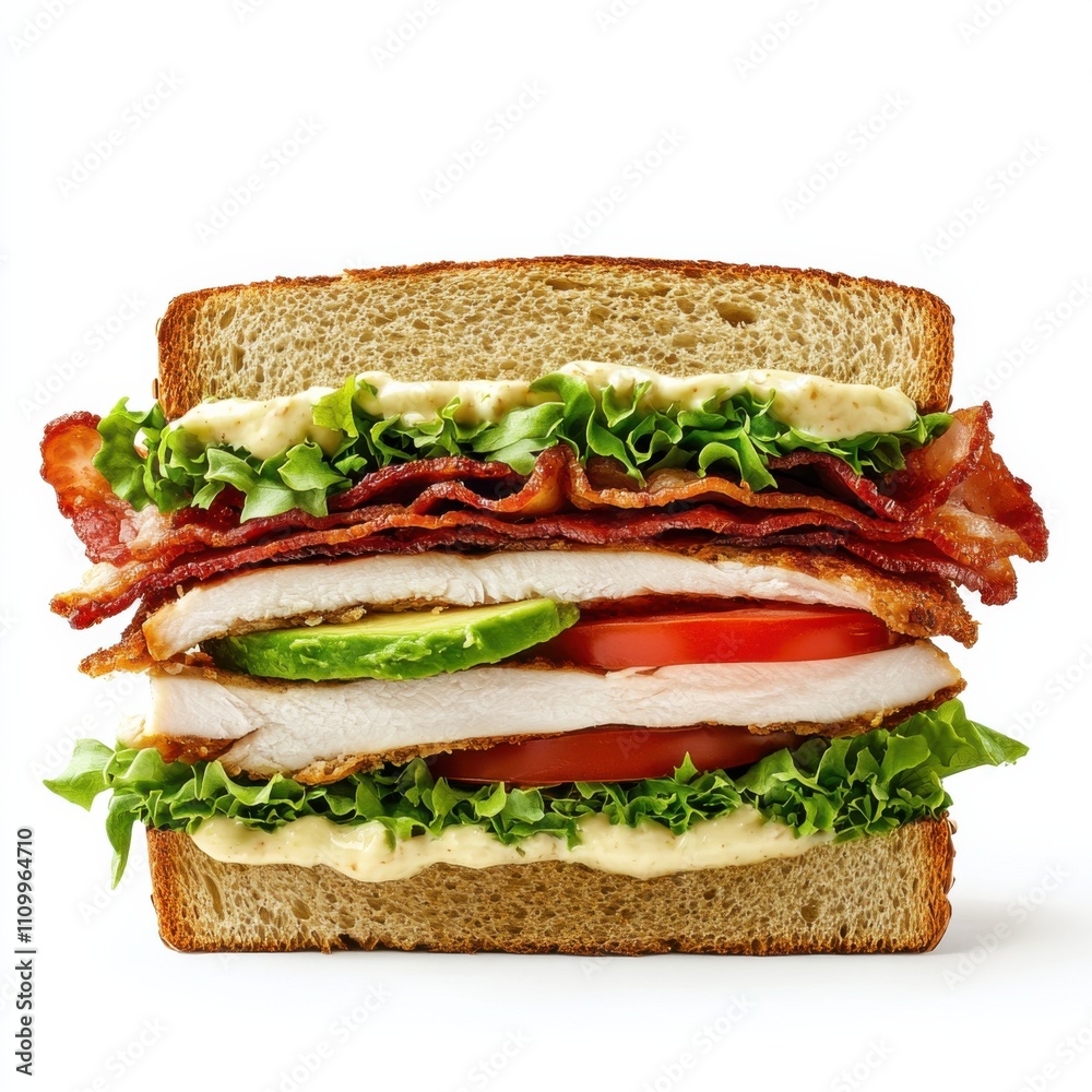 A gourmet turkey avocado club sandwich with bacon, lettuce, tomato A gourmet turkey avocado club sandwich with bacon, lettuce, tomato