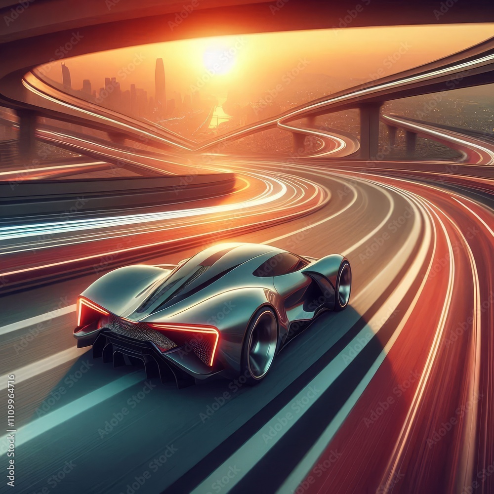 futuristic car drives at high speed along a serpentine road towards the sunset futuristic car drives at high speed along a serpentine road towards the sunset