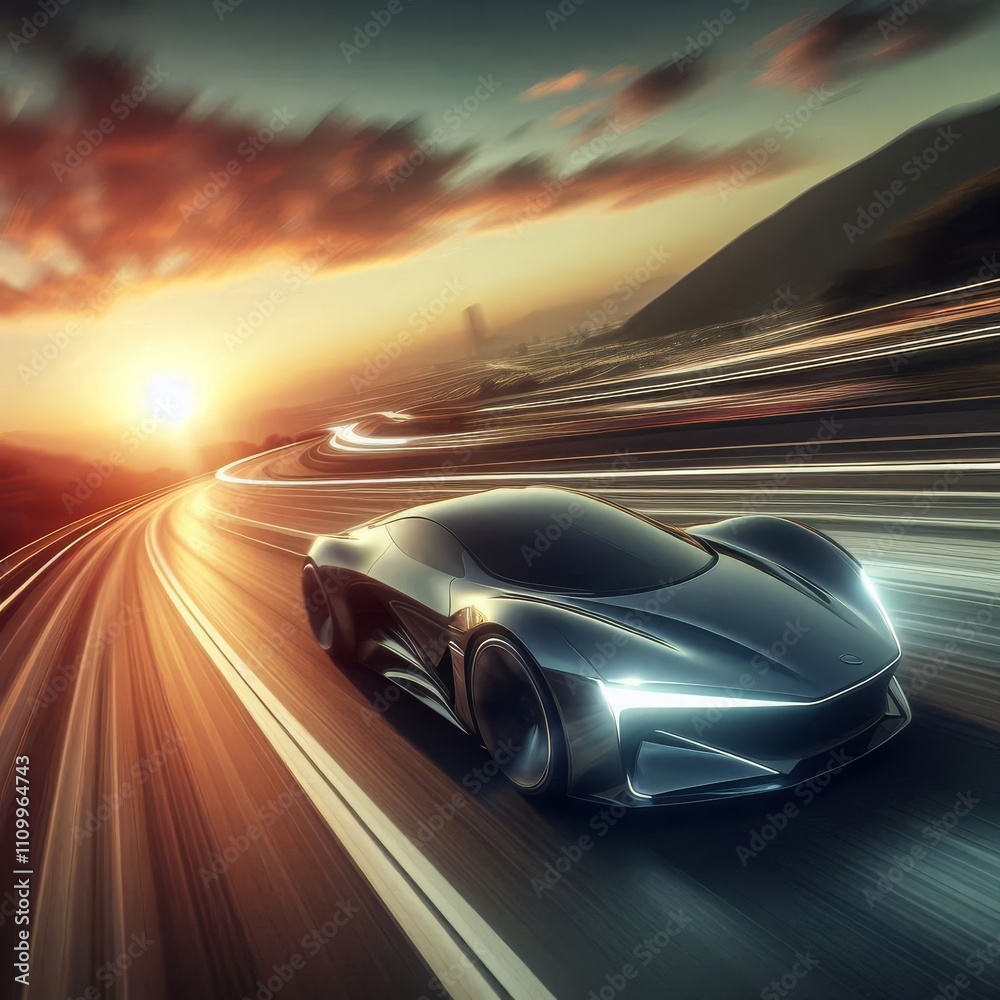 Naklejka premium futuristic car drives at high speed along a serpentine road towards the sunset