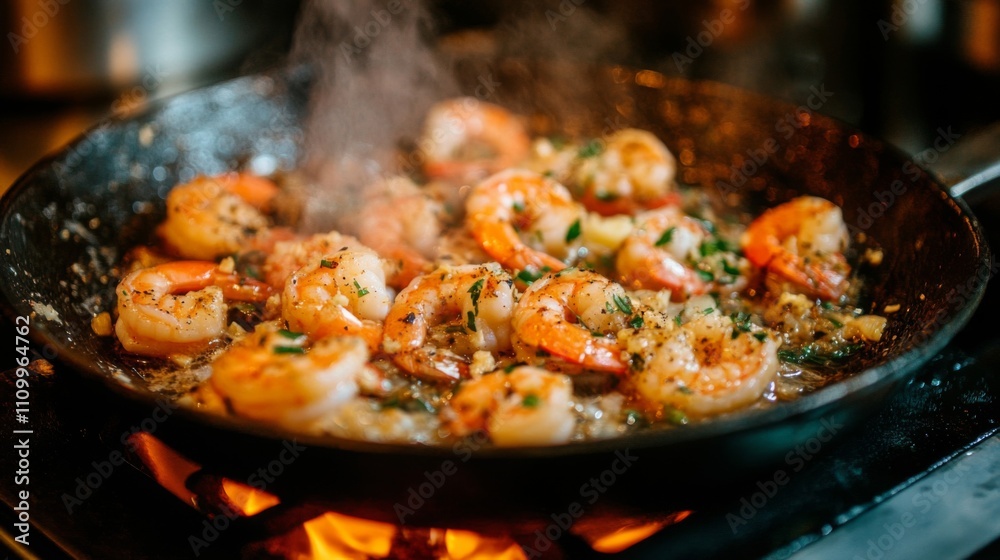 Closeup of Steaming Shrimp and Garlic in a Cast Iron Skillet Closeup of Steaming Shrimp and Garlic in a Cast Iron Skillet