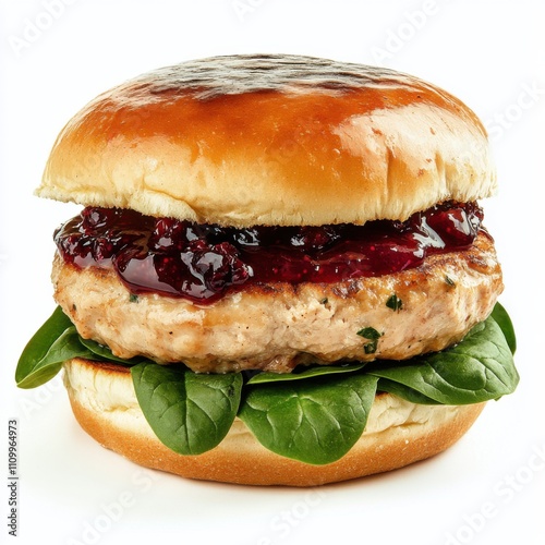 A gourmet turkey burger with cranberry aioli and spinach, isolated white background, impressionism art style photo