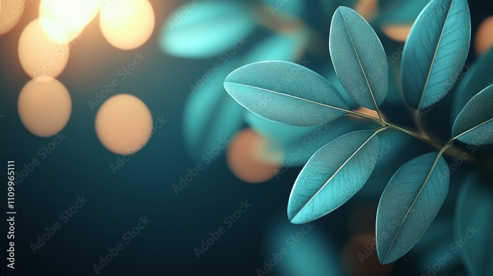 Fototapeta premium A close-up of teal leaves with bokeh lights in the background.