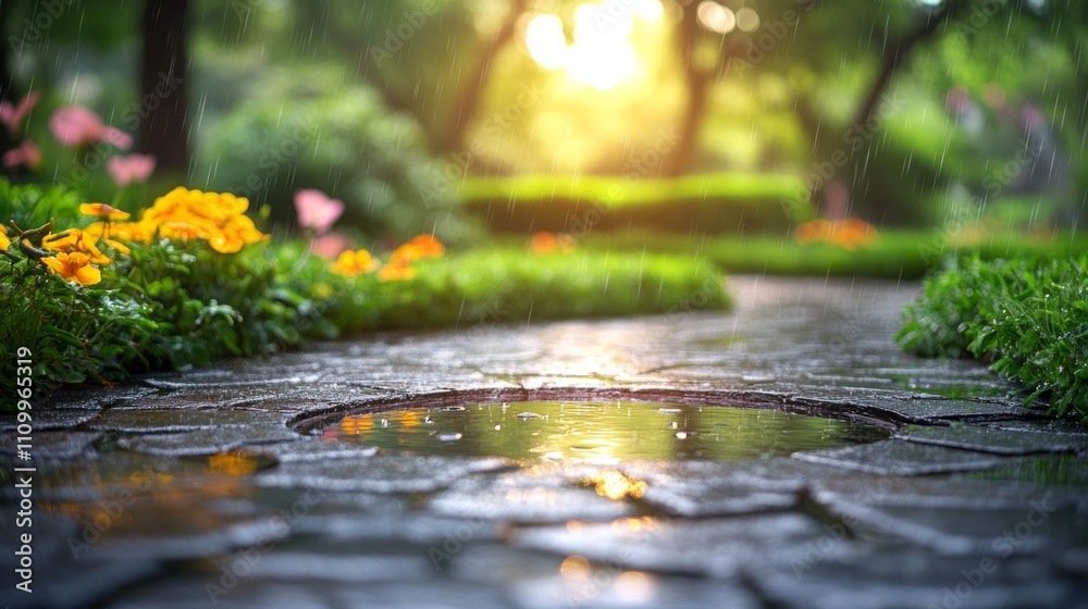 Fototapeta premium A cobblestone path leads through a lush garden with vibrant flowers and a small puddle reflecting the golden sunlight streaming through the trees.