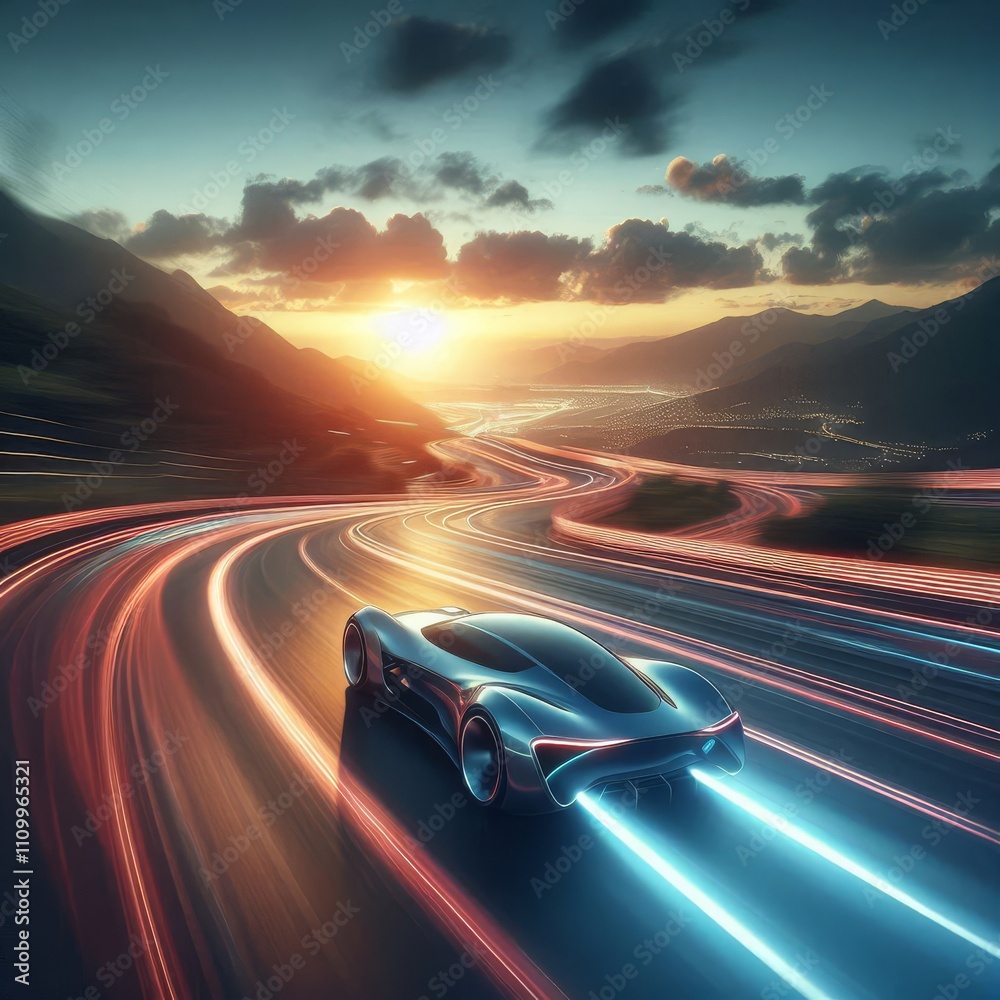 Obraz premium futuristic car drives at high speed along a serpentine road towards the sunset