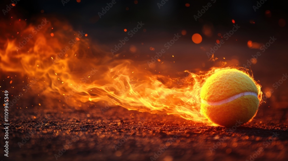 Flaming Tennis Ball in Motion on Outdoor Surface Flaming Tennis Ball in Motion on Outdoor Surface