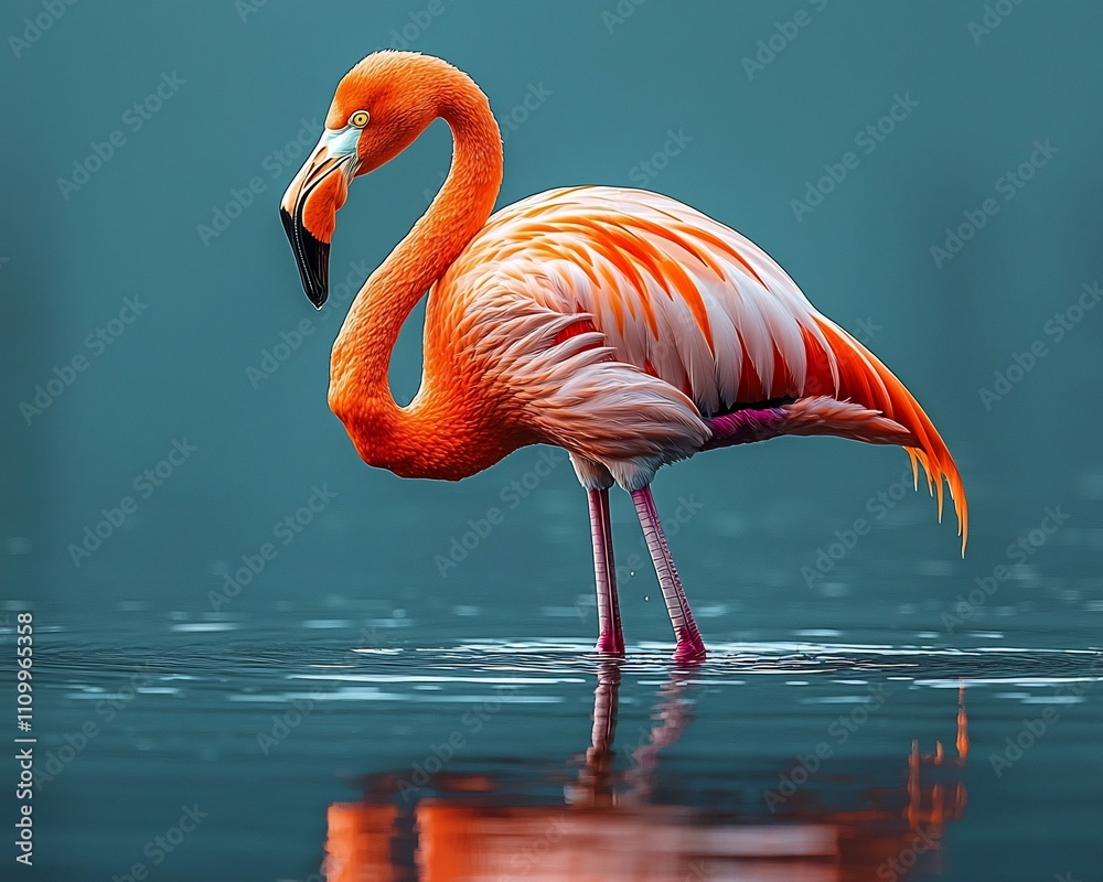 Fototapeta premium Vibrant Flamingo Standing Gracefully in Shallow Lagoon with Glowing Pink Feathers and Serene Blue Sky Backdrop
