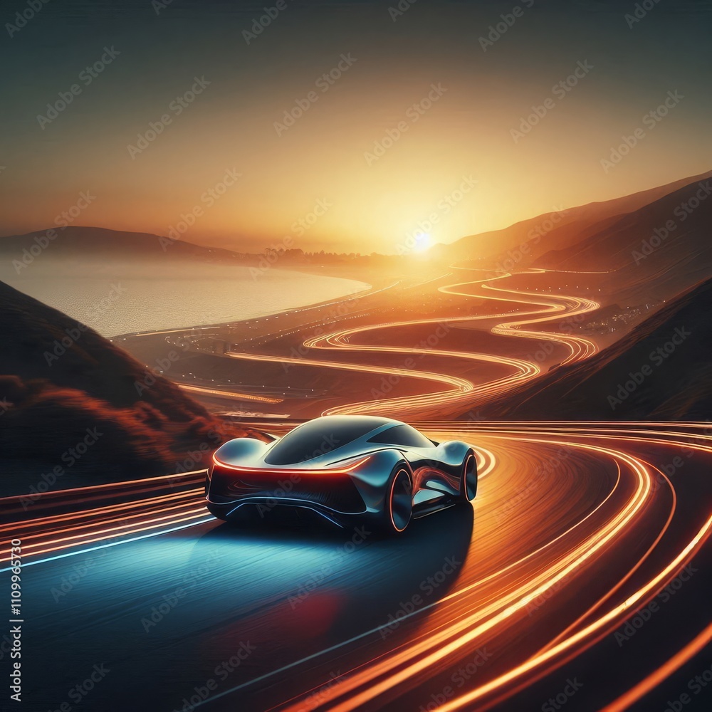 Obraz premium futuristic car drives at high speed along a serpentine road towards the sunset