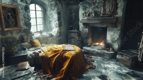 A cozy stone room with a fireplace, a bed with a yellow blanket, and a window overlooking a foggy landscape.