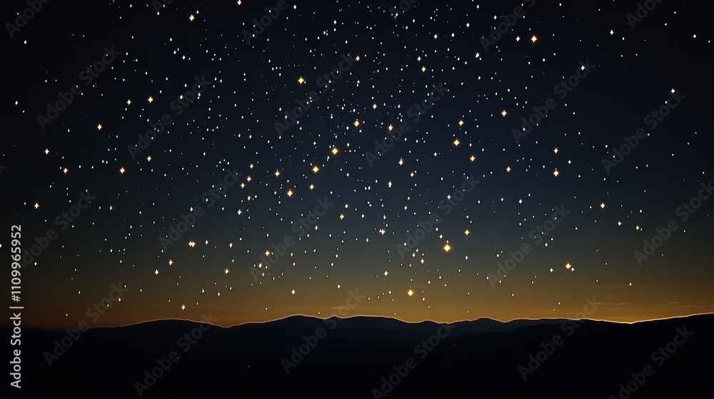 A dark night sky with a scattering of bright stars and a distant mountain range silhouetted on the horizon. A dark night sky with a scattering of bright stars and a distant mountain range silhouetted on the horizon.