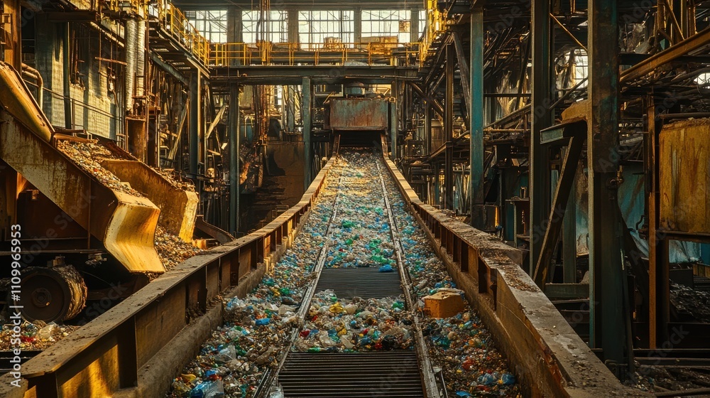 Rusty conveyor belt carries plastic waste in old factory. Shows industrial recycling process and environmental issues. Rusty conveyor belt carries plastic waste in old factory. Shows industrial recycling process and environmental issues.