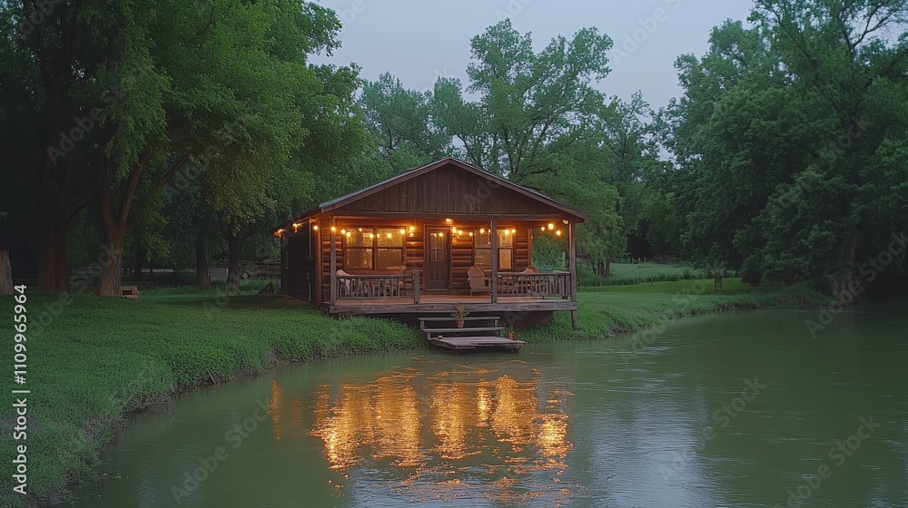 A cozy wooden cabin with string lights on the porch sits on the bank of a tranquil pond at dusk. A cozy wooden cabin with string lights on the porch sits on the bank of a tranquil pond at dusk.