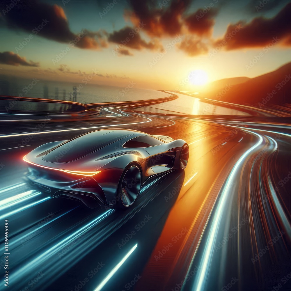 futuristic car drives at high speed along a serpentine road towards the sunset futuristic car drives at high speed along a serpentine road towards the sunset
