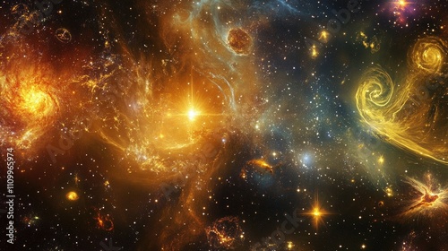 Golden zodiac shapes among a breathtaking display of constellations, vivid stars lighting up the cosmic expanse. photo