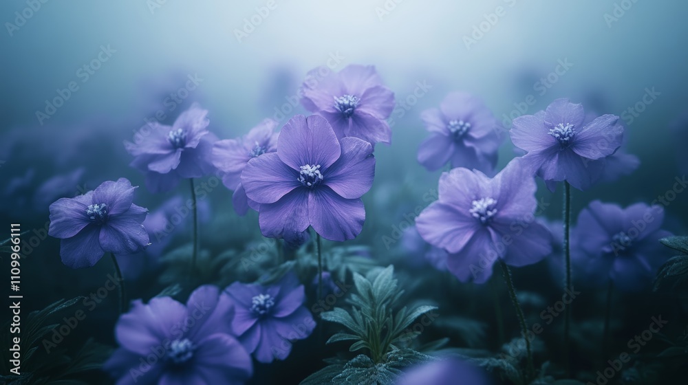 A field of delicate purple flowers in a dreamy, misty atmosphere. A field of delicate purple flowers in a dreamy, misty atmosphere.