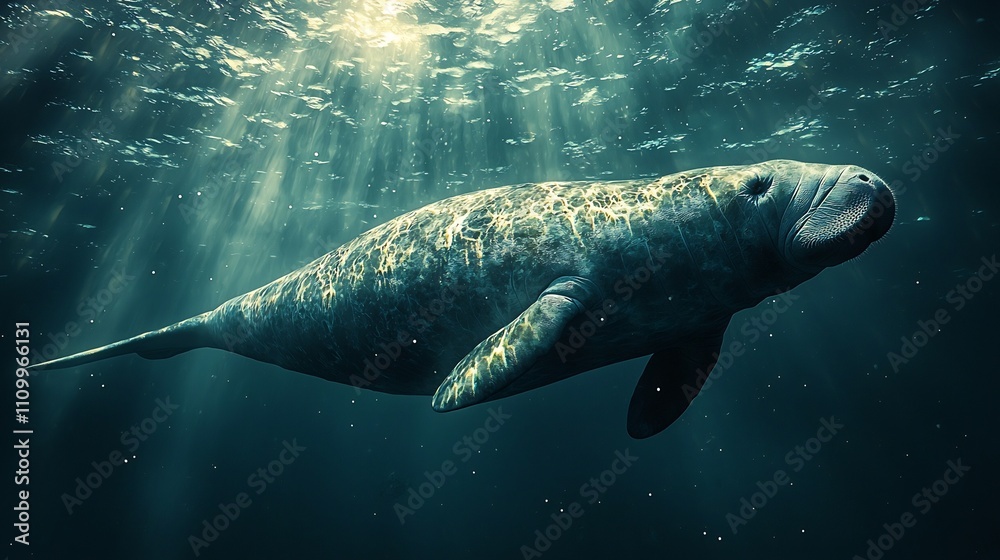 Fototapeta premium Underwater Manatee Gliding in Peaceful Blue Waters Wildlife Portrait
