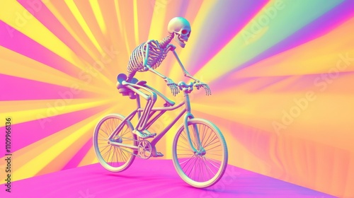 Wallpaper Mural Skeleton Riding Bicycle Against Colorful Background with Rays Torontodigital.ca