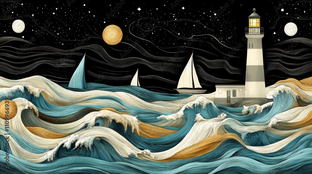 A lighthouse stands tall against a stormy sea, guiding sailboats through the night, with a starry sky and three moons above. A lighthouse stands tall against a stormy sea, guiding sailboats through the night, with a starry sky and three moons above.