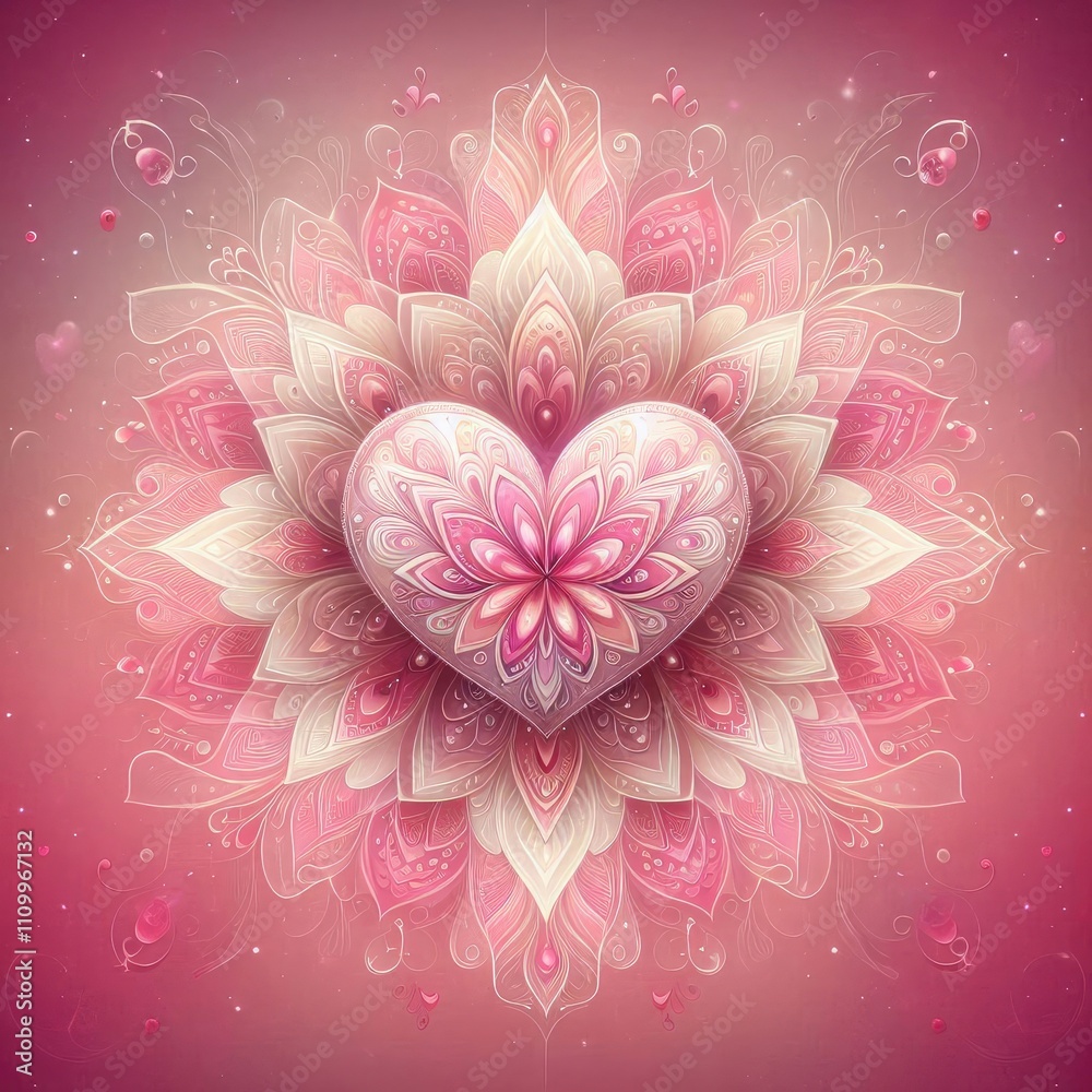 Valentine's Day illustration in the shape of a large, glowing pink heart with flower-like patterns a, set against a soft pink background Valentine's Day illustration in the shape of a large, glowing pink heart with flower-like patterns a, set against a soft pink background
