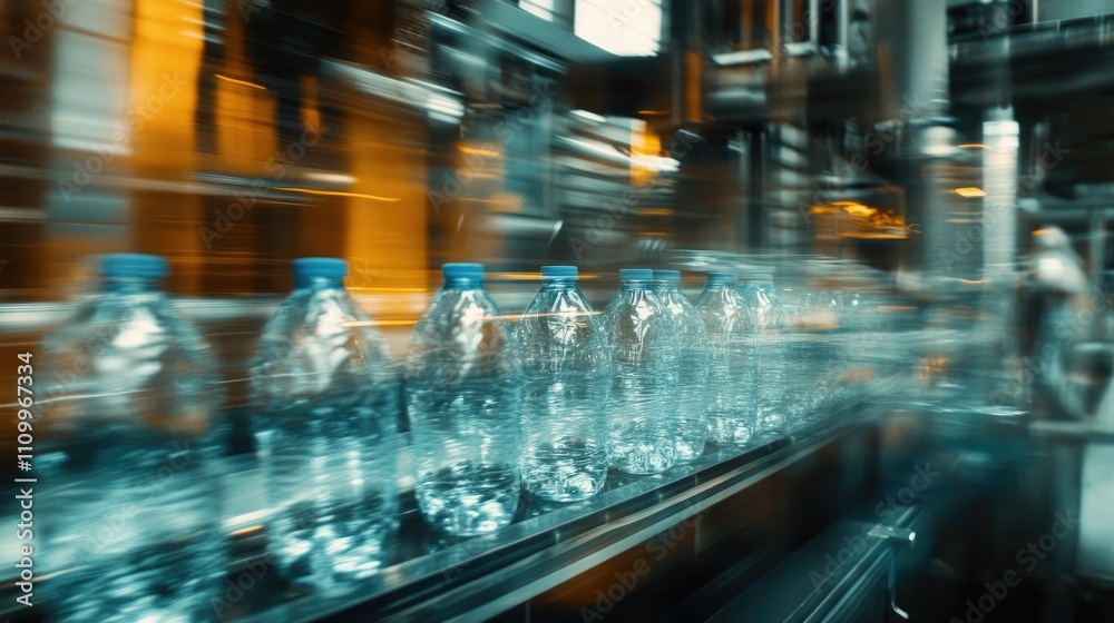 Industrial machinery in motion, showcasing water bottles being filled and capped in sequence Industrial machinery in motion, showcasing water bottles being filled and capped in sequence