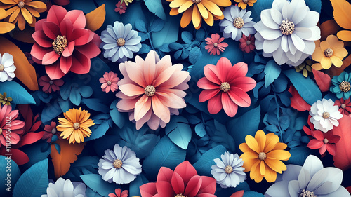 Abstract luxury seamless 3D Leaves on a Stunning Floral Canvas, abstract beautiful and lovely vibrant and colorful floral arrangement with flowers, luxury floral pattern with colorful flowers.