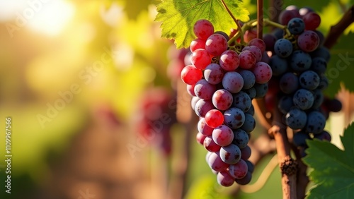 Vibrant red and blue grapes growing on a tree