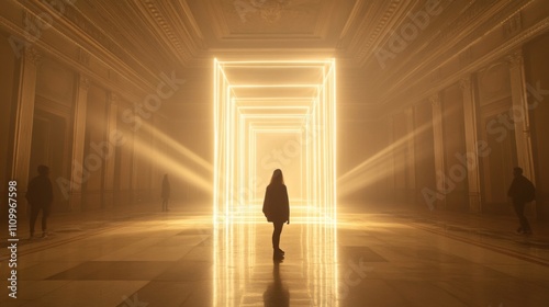 A solitary figure stands before a glowing portal in a grand, misty hall.