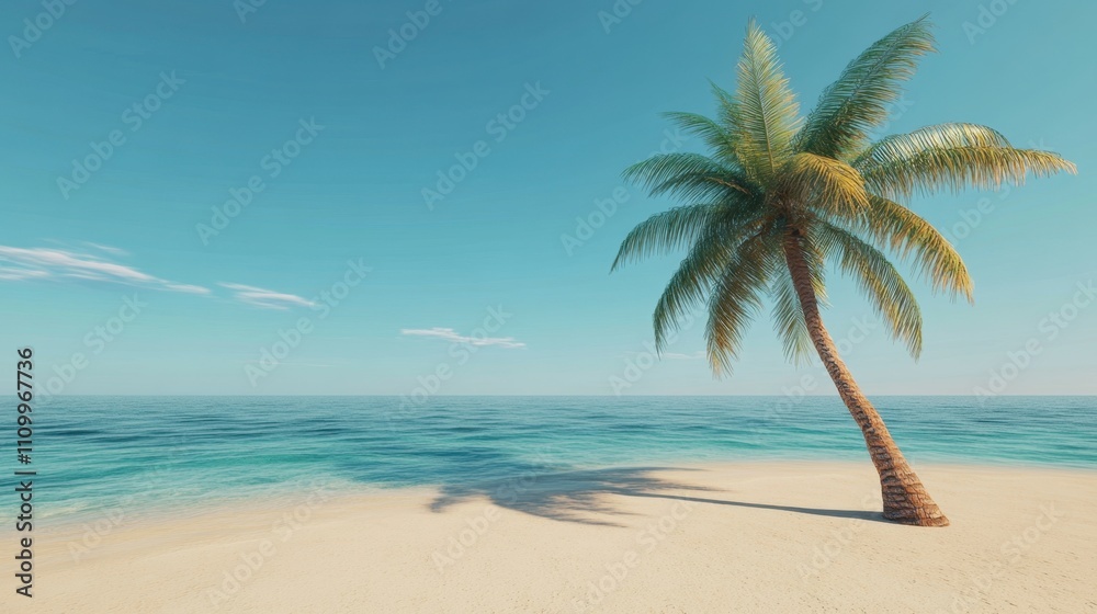 Serene Tropical Beach with Palm Tree and Clear Blue Ocean Sky Serene Tropical Beach with Palm Tree and Clear Blue Ocean Sky